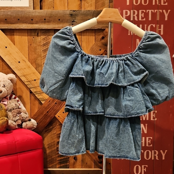 ADORA Blue Denim Ruffle Top - Picture 1 of 3